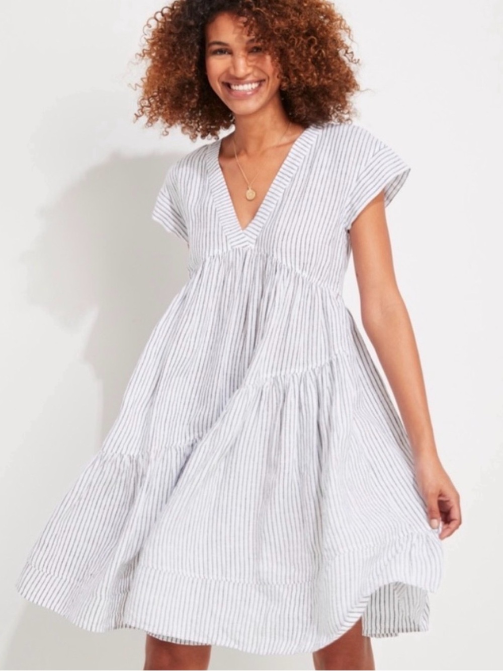 Vineyard Vines White Dress with Gray Pinstripes V-Neck Tiered Midi